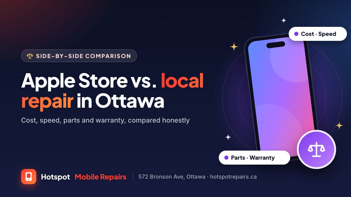 Illustration of an iPhone with a balance-scale badge, comparing Apple Store and independent repair in Ottawa