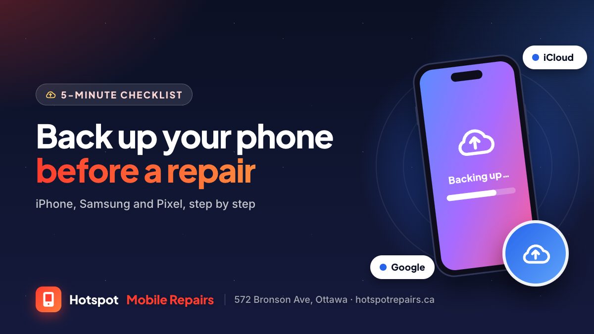 Illustration of a phone backing up to the cloud with a progress bar, for a guide to backing up a phone before a repair