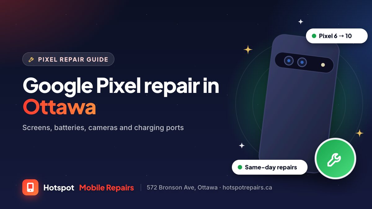 Illustration of the back of a Google Pixel phone with its camera bar and a wrench badge, for a guide to Pixel repair in Ottawa