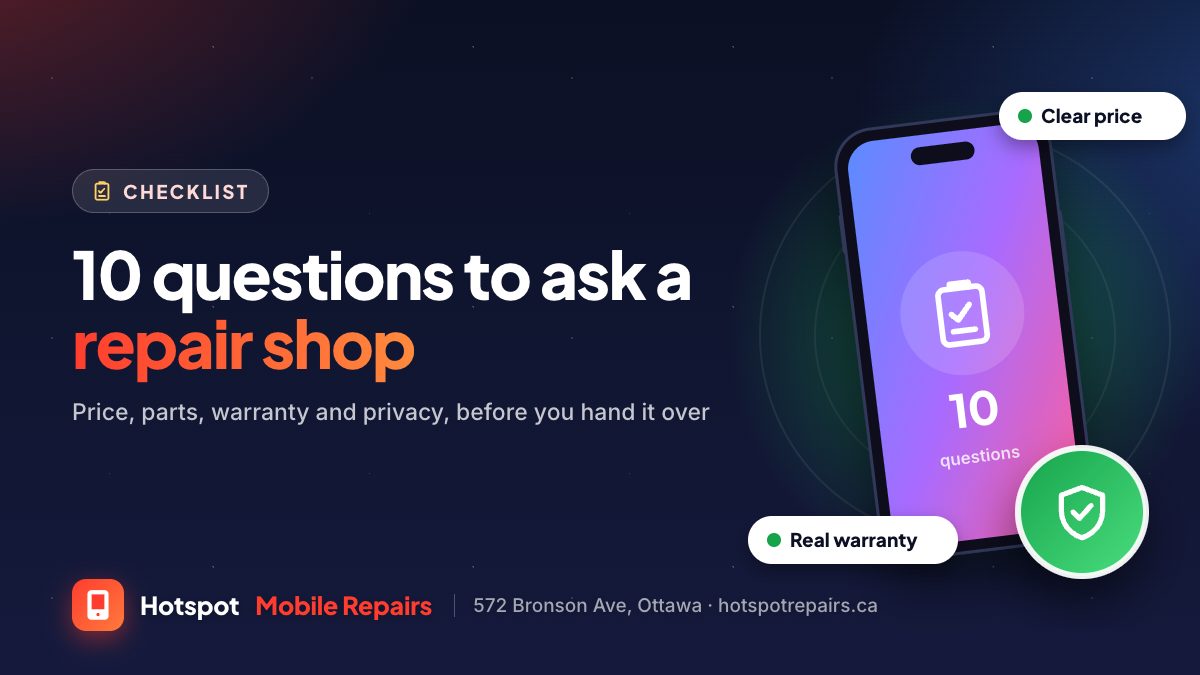 Illustration of a phone showing a checklist with a shield badge, for a guide to choosing a phone repair shop in Ottawa