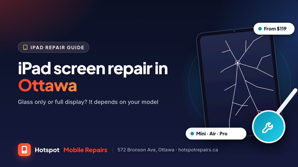 Illustration of an iPad with a cracked screen and a stylus, for a guide to iPad screen repair in Ottawa