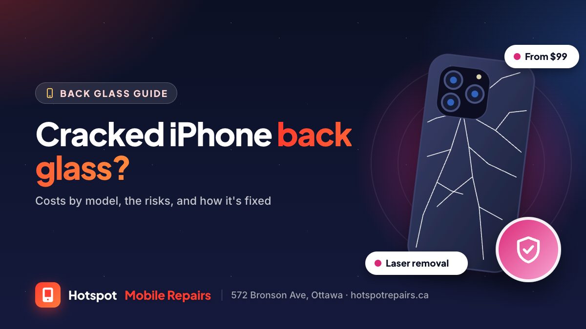 Illustration of the back of an iPhone with shattered back glass and a shield badge, for a guide to iPhone back glass repair