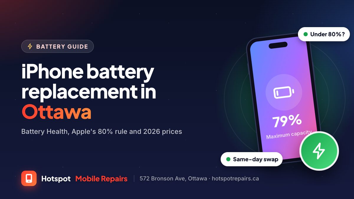 Illustration of an iPhone showing 79% maximum battery capacity with a lightning badge, for a guide to iPhone battery replacement in Ottawa