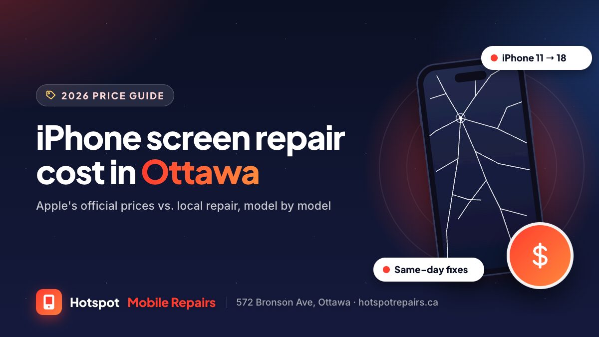 Illustration of an iPhone with a cracked screen and a dollar badge, for a guide to iPhone screen repair costs in Ottawa