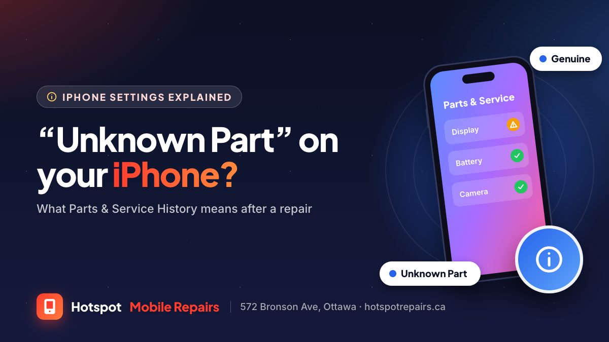 Illustration of an iPhone showing a Parts and Service History list with one part flagged, for a guide to the Unknown Part message