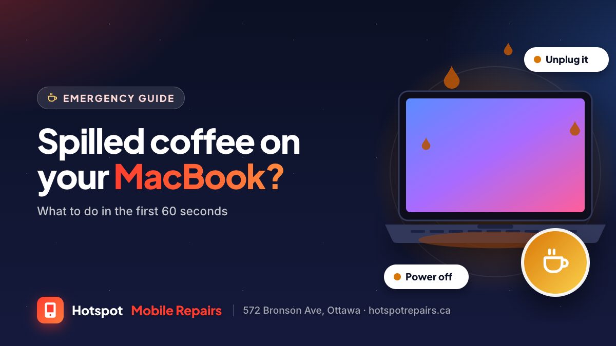 Illustration of an open laptop with coffee drops spilling onto it and a coffee cup badge, for a guide on what to do after a MacBook liquid spill