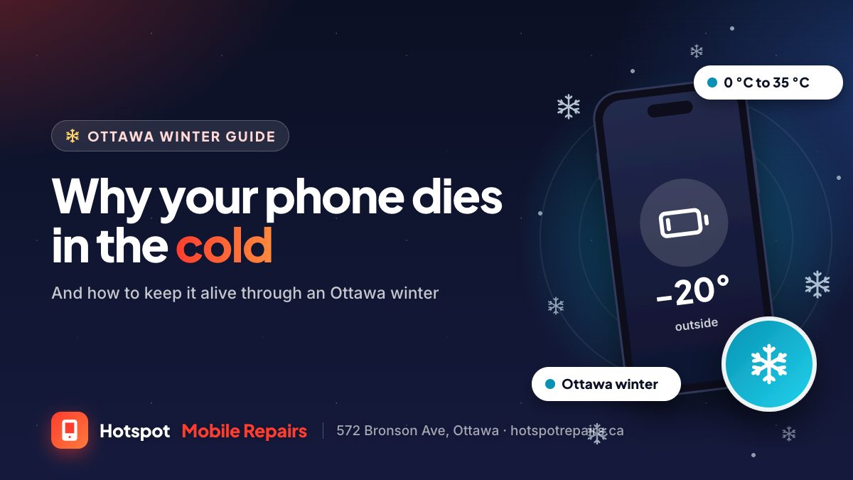 Illustration of a phone with a low battery surrounded by snowflakes, for a guide to why phones die in Ottawa's cold weather