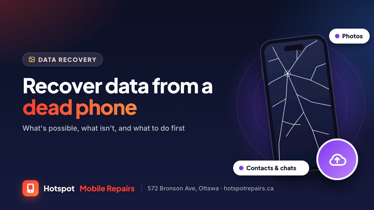 Illustration of a broken phone with a cloud upload badge, for a guide to recovering data from a dead or broken phone in Ottawa