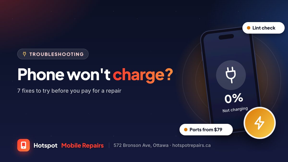 Illustration of a phone showing 0% and a charging plug, with a lightning badge, for a guide to fixing a phone that won't charge