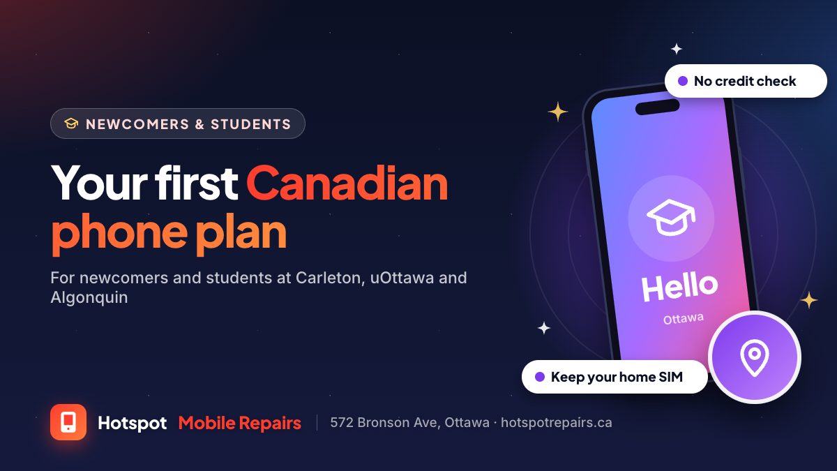 Illustration of a phone with a graduation cap icon and a map pin badge, for a guide to phone plans for newcomers and international students in Ottawa