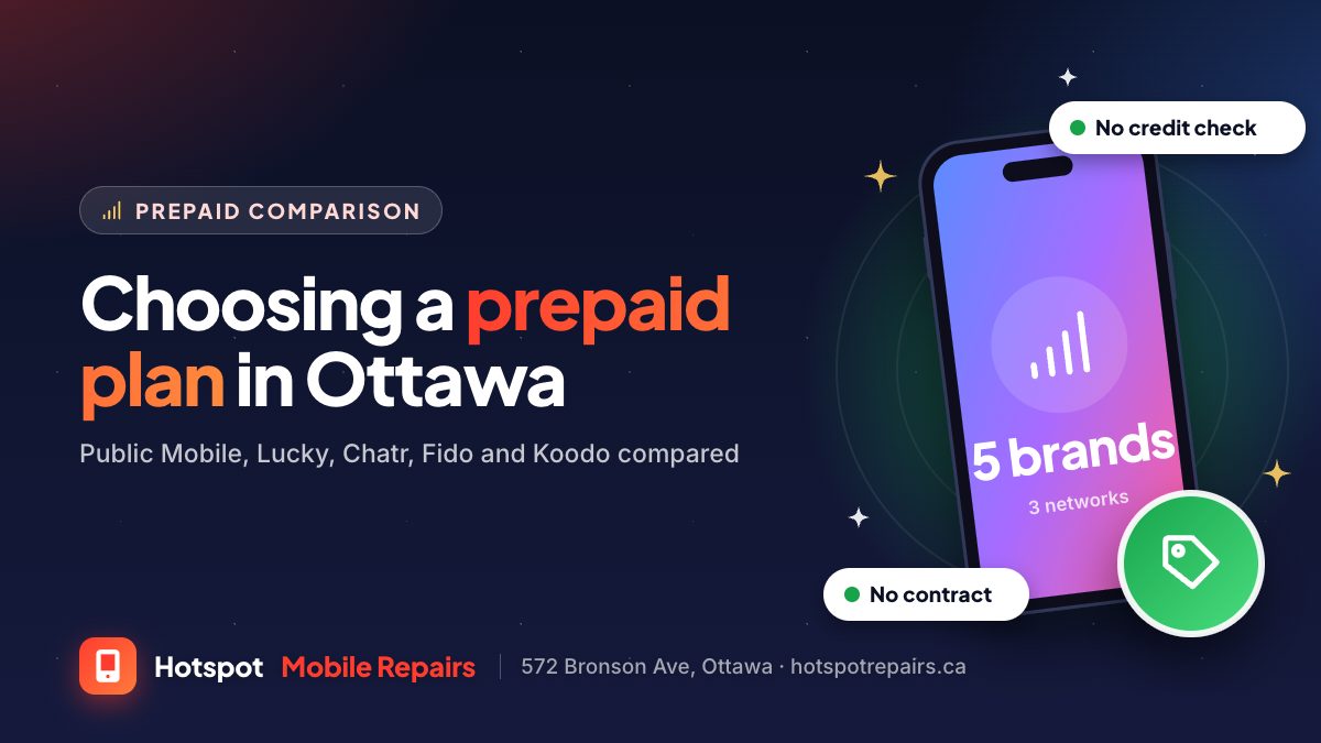 Illustration of a phone showing signal bars with a price tag badge, for a guide comparing prepaid phone plans in Ottawa