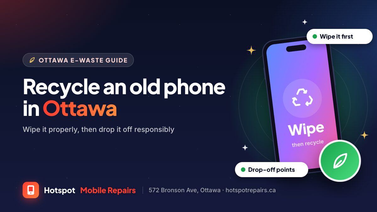 Illustration of a phone showing a recycling symbol with a leaf badge, for a guide to recycling an old phone in Ottawa