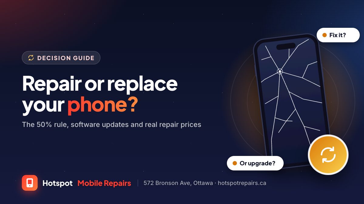 Illustration of a cracked phone with a refresh badge, for a guide on deciding whether to repair or replace a phone