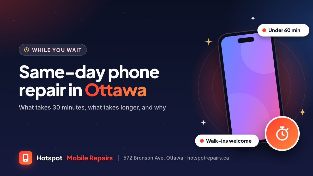 Illustration of a phone with a stopwatch badge, for a guide to same-day phone repair in Ottawa