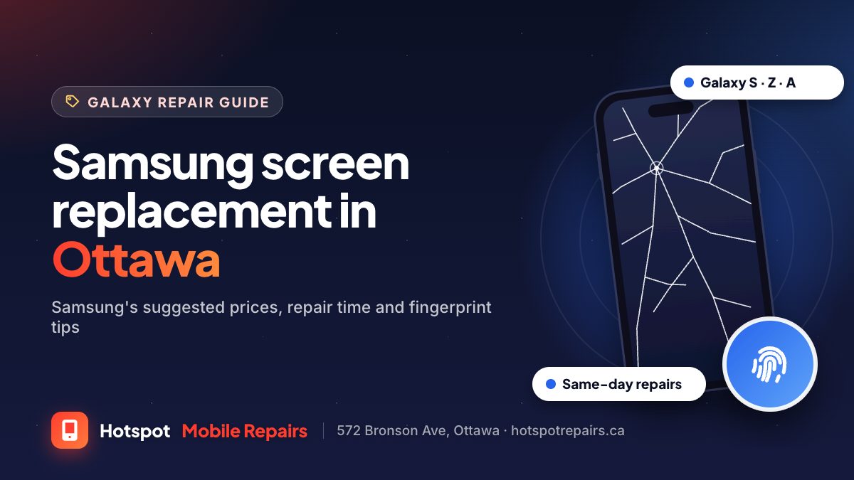 Illustration of a Samsung-style phone with a cracked screen and a fingerprint badge, for a guide to Galaxy screen replacement in Ottawa