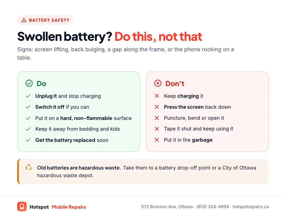 What to do with a swollen phone battery: unplug it, switch it off, put it on a hard non-flammable surface and get the battery replaced; do not charge it, press the screen back down, puncture it, or throw it in the garbage