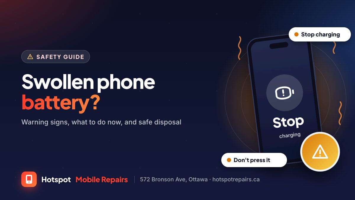 Illustration of a phone with a swollen battery icon and a warning badge, for a guide on what to do about a swollen phone battery