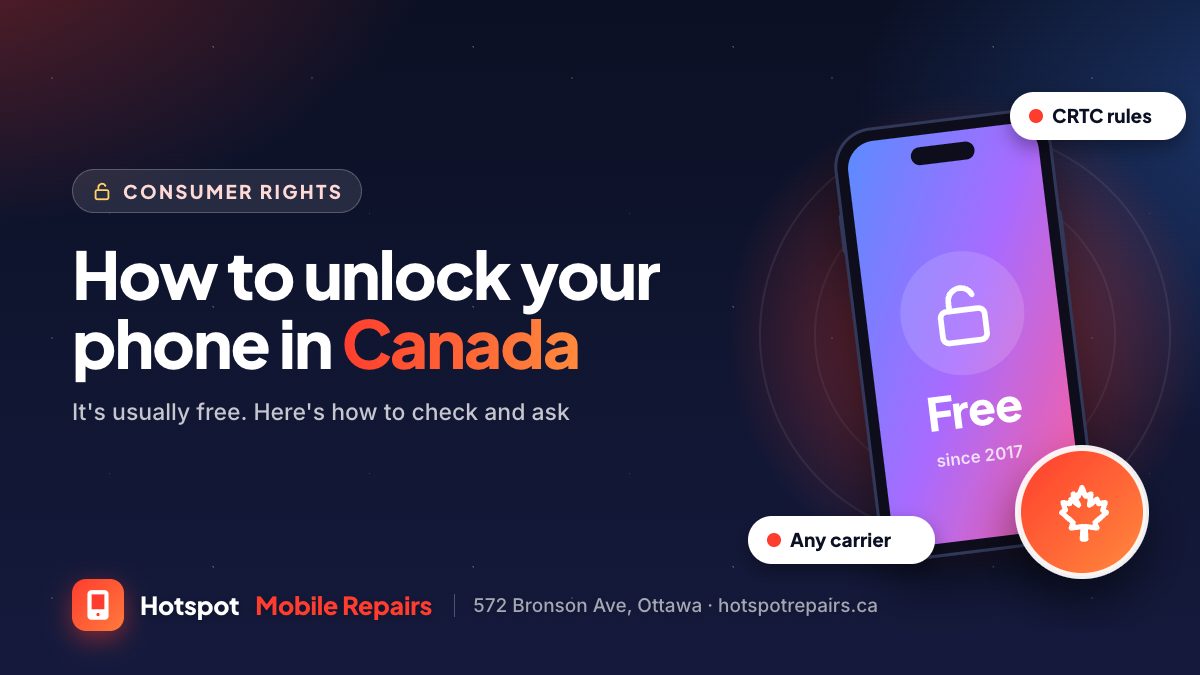 Illustration of a phone showing an open padlock with a maple leaf badge, for a guide to unlocking a phone in Canada