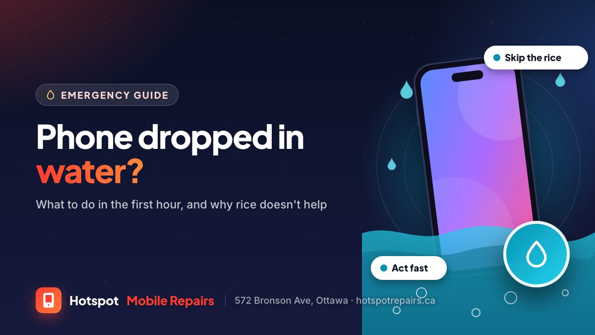 Illustration of a phone sinking into water with bubbles and a water-drop badge, for a guide on what to do when a phone gets wet