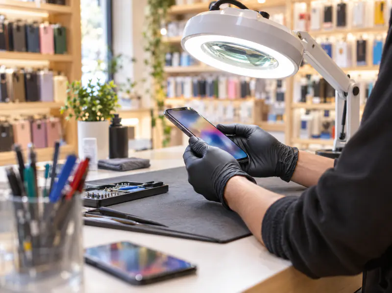 Technician inspecting a phone under a magnifier lamp at a repair counter