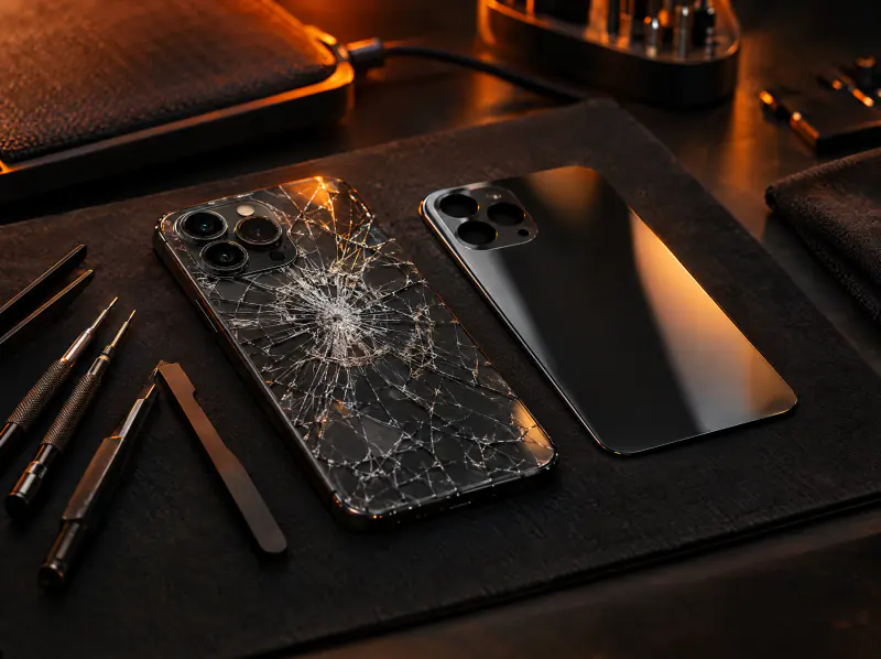 Smartphone with shattered back glass beside a new glass panel