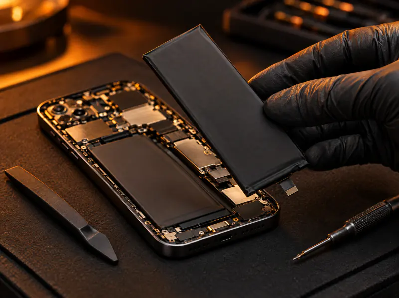 Replacement battery being fitted into an opened smartphone