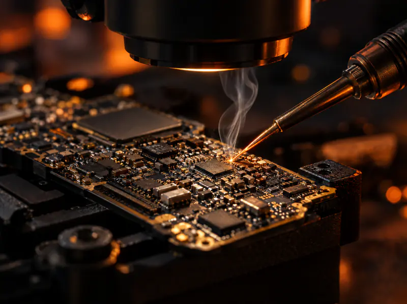 Micro-soldering a smartphone logic board under a microscope
