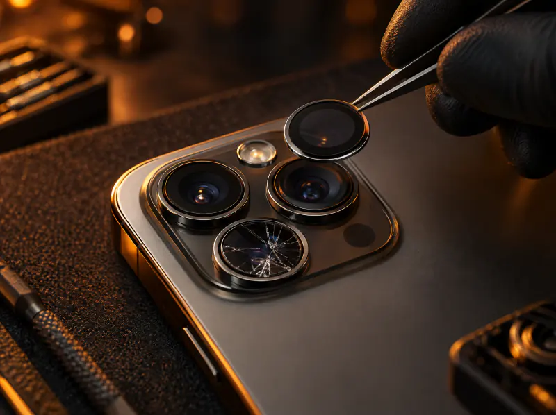 Cracked camera lens on the back of a smartphone being replaced with tweezers