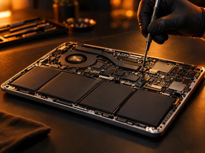 Opened laptop showing its logic board and battery