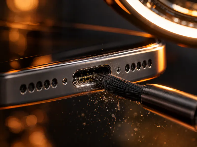 Macro of a smartphone charging port being cleaned with a fine brush