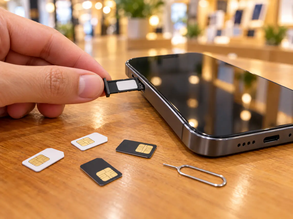 SIM card tray going into a smartphone, with blank SIM cards on a counter