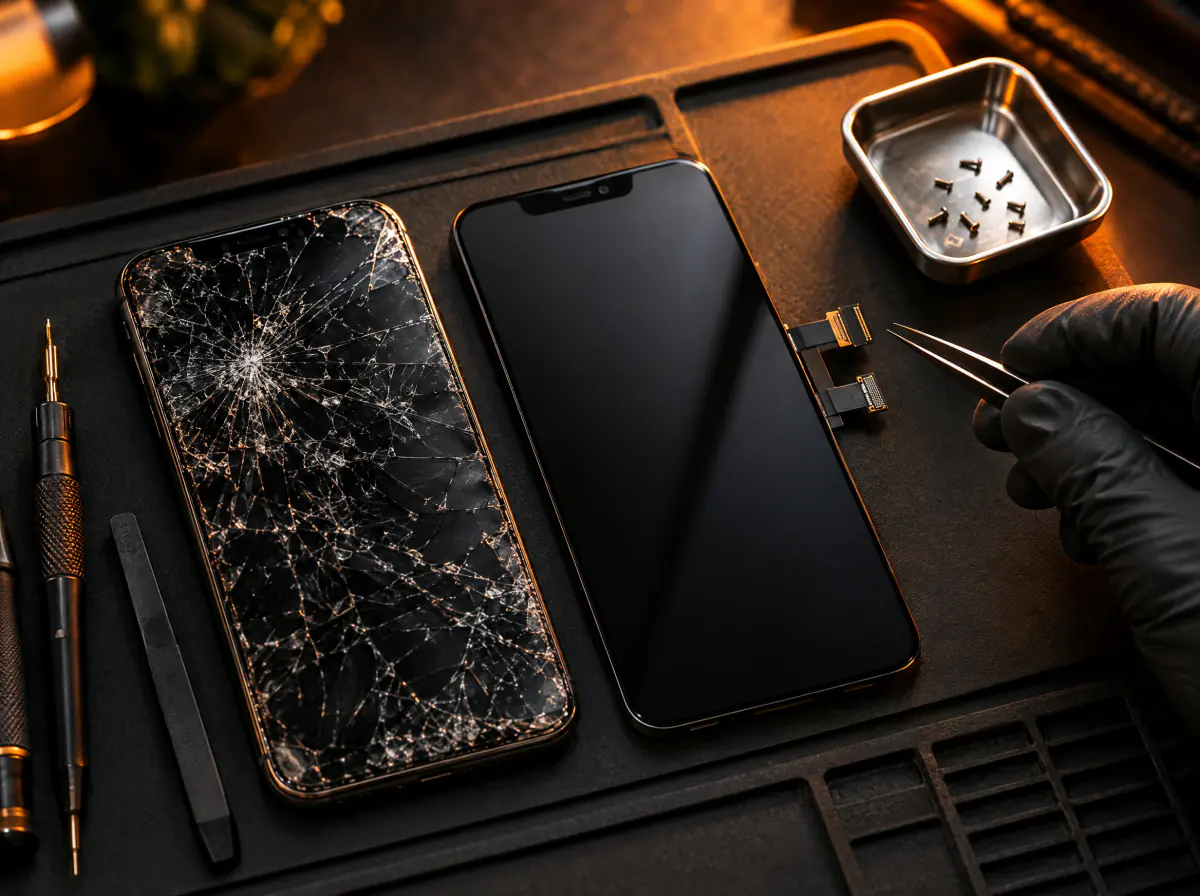 Shattered smartphone screen next to a new replacement display on a repair mat