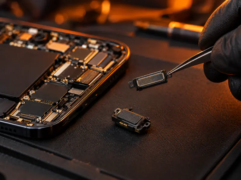 Tiny smartphone speaker parts laid out beside an opened phone
