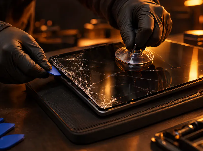 Cracked tablet glass being removed with a suction cup