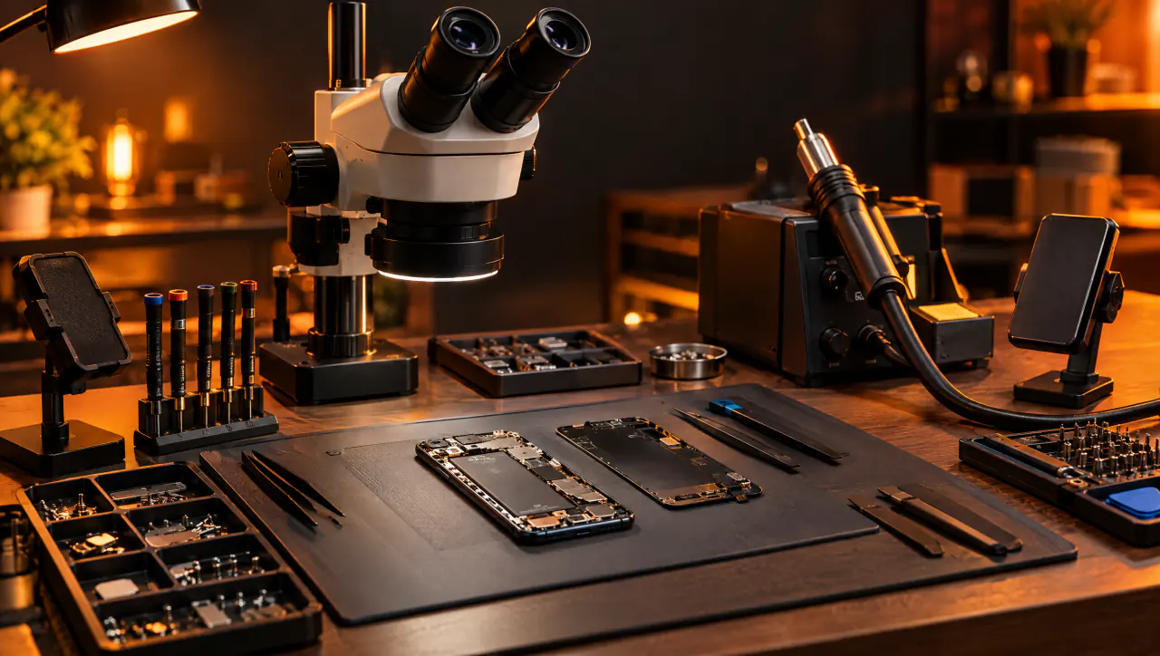 Professional electronics repair bench with a microscope and precision tools