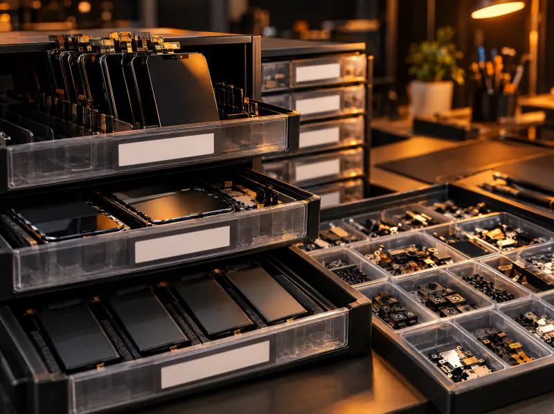 Organised trays of replacement phone screens and batteries